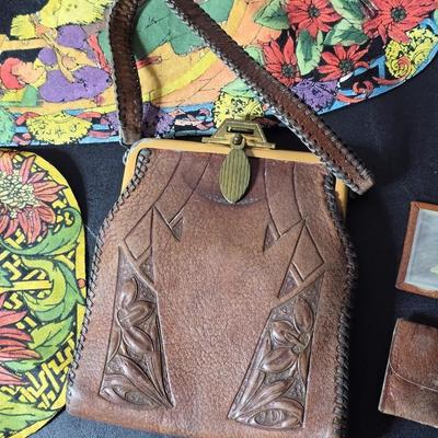 Antique Vintage Leather hand tooled Art Nouveau Deco purse - 1940s navy crocheted popcorn purse -belt - Handcrafted textiles and more