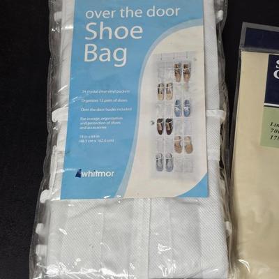 Brand new home must haves! Curtains -Sheer window panel - Shower Curtain liner - Over the door shoe bag