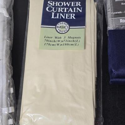 Brand new home must haves! Curtains -Sheer window panel - Shower Curtain liner - Over the door shoe bag