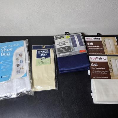 Brand new home must haves! Curtains -Sheer window panel - Shower Curtain liner - Over the door shoe bag