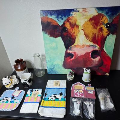 Country Kitchen farm decor - Canvas cow art - Kitchen towels - Barn measuring storage = Barn timer - and more