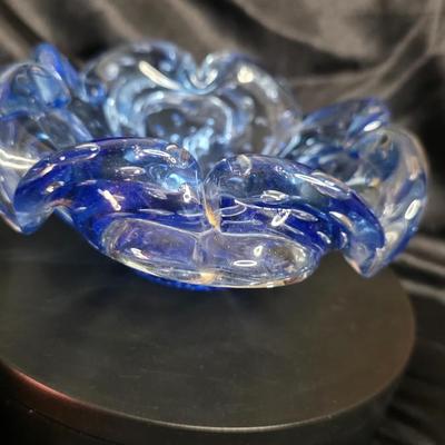 Vintage Italian Bullicante Art Glass Bowl – Mid-Century Modern, Ruffled Blue & Clear Murano-Style Design