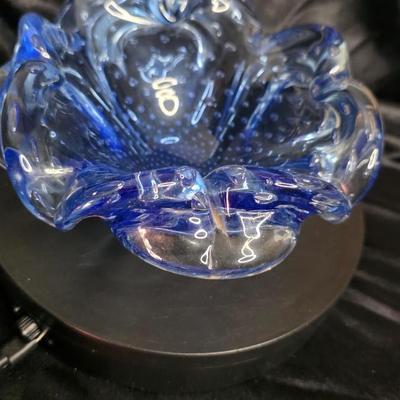Vintage Italian Bullicante Art Glass Bowl – Mid-Century Modern, Ruffled Blue & Clear Murano-Style Design