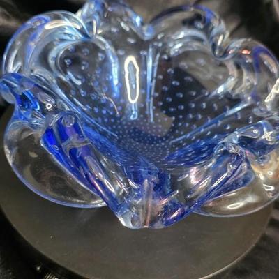 Vintage Italian Bullicante Art Glass Bowl – Mid-Century Modern, Ruffled Blue & Clear Murano-Style Design