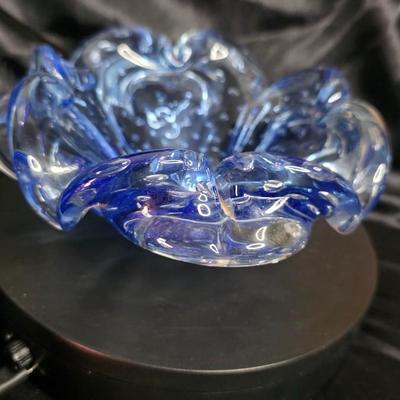 Vintage Italian Bullicante Art Glass Bowl – Mid-Century Modern, Ruffled Blue & Clear Murano-Style Design