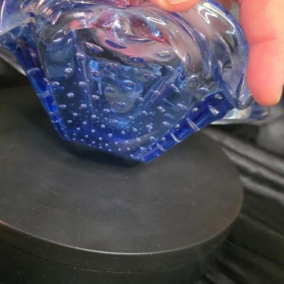 Vintage Italian Bullicante Art Glass Bowl – Mid-Century Modern, Ruffled Blue & Clear Murano-Style Design