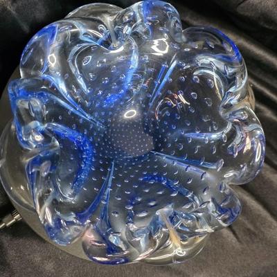 Vintage Italian Bullicante Art Glass Bowl – Mid-Century Modern, Ruffled Blue & Clear Murano-Style Design