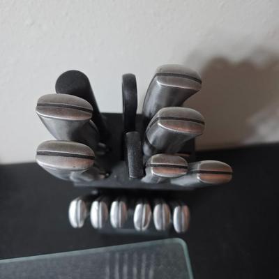 Farberware knife set in Knife block, glass cutting board, Williams Sonoma Vegetable chopper and a Harry & David Contour Pear bamboo...