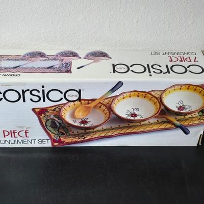Brand new Corsica 7-piece condiment set - table cloth - and a bread warmer GREAT GIFT IDEAS!