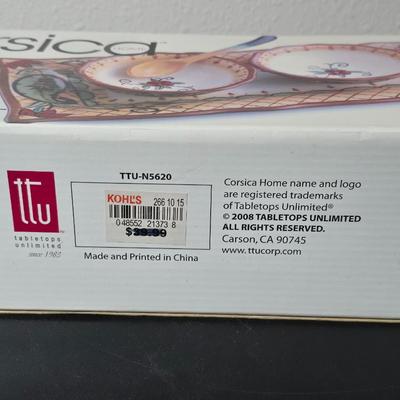 Brand new Corsica 7-piece condiment set - table cloth - and a bread warmer GREAT GIFT IDEAS!