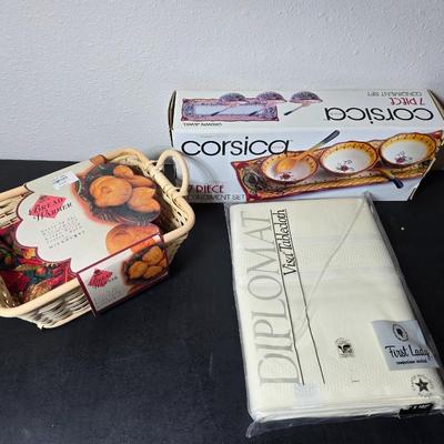 Brand new Corsica 7-piece condiment set - table cloth - and a bread warmer GREAT GIFT IDEAS!