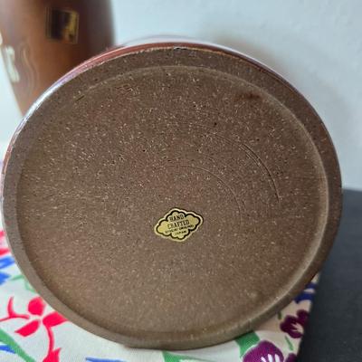 Vintage Otagiri Horizon Japan stoneware teapot with two mugs a Pottery craft vase and a vintage table cloth