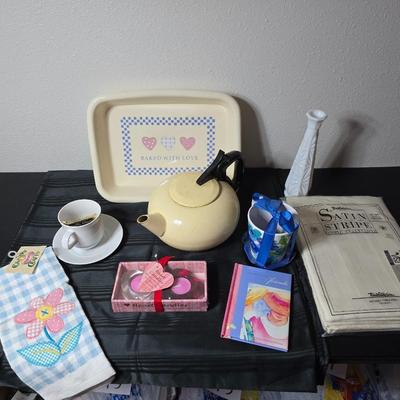 Tea time for two - Mugs - Metal tea kettle - heart candles - HMK Auntie EM Collection cake pan with matching Trivet and more!