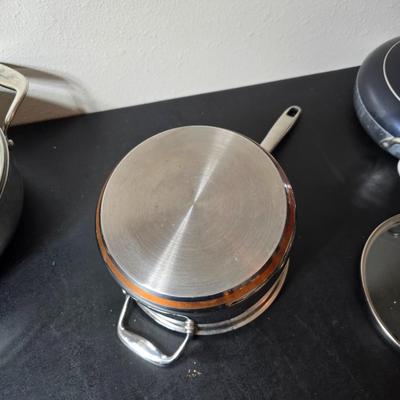 Nice Emeril three-piece pot & pan set, Wear-ever Aluminum pan with lid and a new Kitchen dish towel set