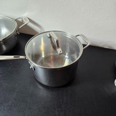 Nice Emeril three-piece pot & pan set, Wear-ever Aluminum pan with lid and a new Kitchen dish towel set