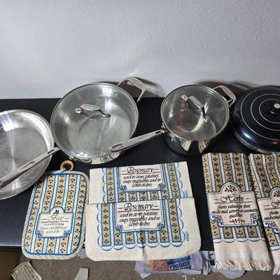 Nice Emeril three-piece pot & pan set, Wear-ever Aluminum pan with lid and a new Kitchen dish towel set