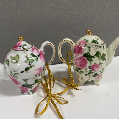 2 small porcelain floral teapot ornaments