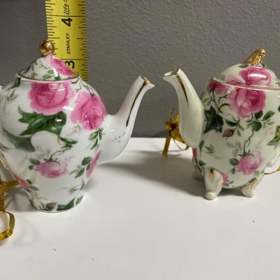 2 small porcelain floral teapot ornaments