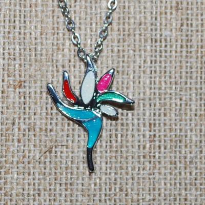 Multicolor Enameled Flower Blossom Marked .925 PENDANT (1" x ¾") on a Silver Tone Necklace Chain 16" L