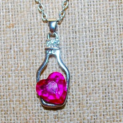 Magenta Pink HEART Stone PENDANT (1¼" x ¾") in a Silvery Bottle on a Silver Tone Necklace Chain 22" L