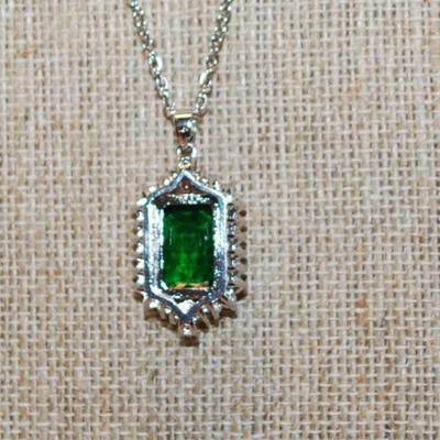 Large Green Rectangle Main Stone PENDANT (1¼" x ¾") with Full Surround on a Silver Tone Necklace Chain 18" L