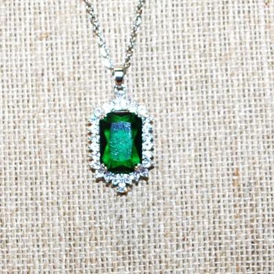Large Green Rectangle Main Stone PENDANT (1¼" x ¾") with Full Surround on a Silver Tone Necklace Chain 18" L
