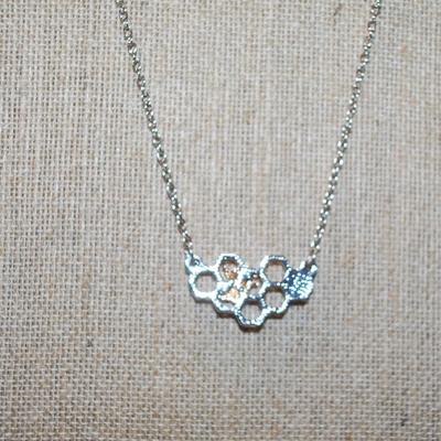 Two Tone Golden Bumblebee on a Silvery Honeycomb PENDANT (1¼" x ¾") on a Silver Tone Necklace Chain 16" L