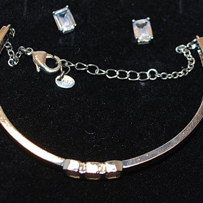 "Jones of New York" Half Infinity Bracelet (3" Circ.) with Lobster Clasp & Rectangle Emerald Cut Earrings with Stud...