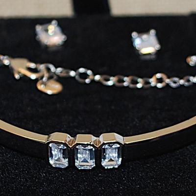 "Jones of New York" Half Infinity Bracelet (3" Circ.) with Lobster Clasp & Rectangle Emerald Cut Earrings with Stud...