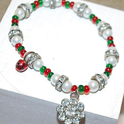 ELASTIC RED, GREEN & WHITE Beaded Bracelet (3" Circ.) with Clear Stones Discs & Round "9 Stone Star" Attachment