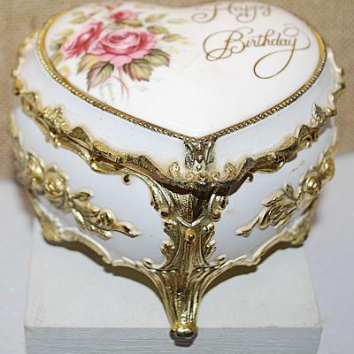 Heart Shape HINGED Trinket/Music Box Combo 3 ¾" L x 3½" W x 2¼" H -- Plays "HAPPY BIRTHDAY" -- "The San...