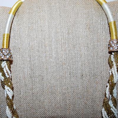 Vintage Heavily Gold & White Beaded and Intertwined NECKLACE - Marked "1946" with Bejeweled Caps and Rope Style Upper &...