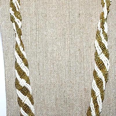 Vintage Heavily Gold & White Beaded and Intertwined NECKLACE - Marked "1946" with Bejeweled Caps and Rope Style Upper &...