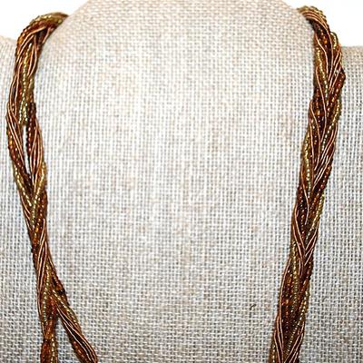 Twisted Amber & Gold Beads NECKLACE with Intertwined "Rope" Accent Strands and Dark Brass Colored Lobster Clasp 18" L