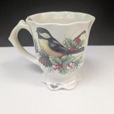 4 - Cracker Barrel Holiday Garden "Let Heaven & Nature Sing" Footed Chickadee Mugs