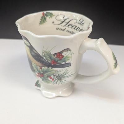 4 - Cracker Barrel Holiday Garden "Let Heaven & Nature Sing" Footed Chickadee Mugs