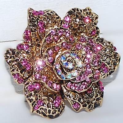 Beautiful ROSE STYLE BROOCH (2" Diam.) with Iridescent and Pink Stone Center & Gold Colored Petals and SNAP CLOSURE on a Gold...