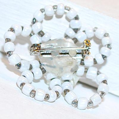 Handcrafted BLACK & SILVER Bead 5 Looped Flower BROOCH (1½" Diam.) with Cloth Rose