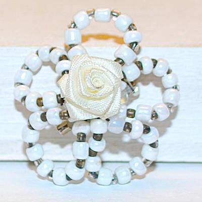 Handcrafted BLACK & SILVER Bead 5 Looped Flower BROOCH (1½" Diam.) with Cloth Rose