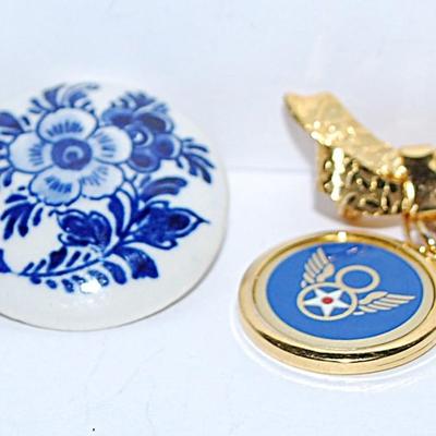 Collection of 2 BROOCHES - "WWII Hap Arnold Ribbon Pin" & Blue "Delft" Style Circle