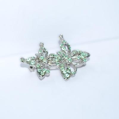Bejeweled MINT GREEN DOUBLE BUTTERFLY BROOCH (1½" x 1¼") on a Silver Tone Setting
