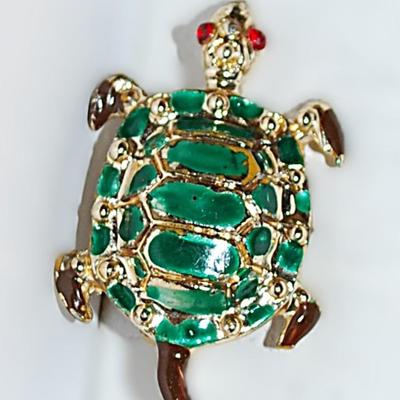 Small GREEN TURTLE BROOCH (1¼" x ¾") with Green Stripes, Red Eyes & Brown Tail on a Gold Tone Setting