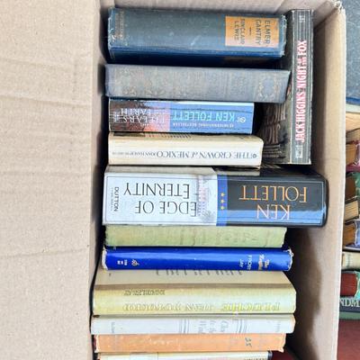 Sale Photo Thumbnail #10: six boxes 2-3 layers stacked with vintage books from one library. Some are library discards, some have discoloration. Check out the pictures to see some of the titles.