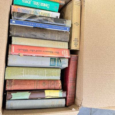 Sale Photo Thumbnail #12: six boxes 2-3 layers stacked with vintage books from one library. Some are library discards, some have discoloration. Check out the pictures to see some of the titles.
