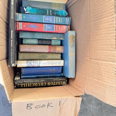 Sale Photo Thumbnail #2: six boxes 2-3 layers stacked with vintage books from one library. Some are library discards, some have discoloration. Check out the pictures to see some of the titles.