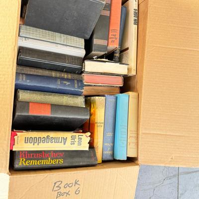 Sale Photo Thumbnail #15: six boxes 2-3 layers stacked with vintage books from one library. Some are library discards, some have discoloration. Check out the pictures to see some of the titles.