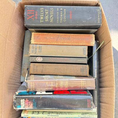 Sale Photo Thumbnail #3: six boxes 2-3 layers stacked with vintage books from one library. Some are library discards, some have discoloration. Check out the pictures to see some of the titles.