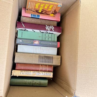 Sale Photo Thumbnail #11: six boxes 2-3 layers stacked with vintage books from one library. Some are library discards, some have discoloration. Check out the pictures to see some of the titles.