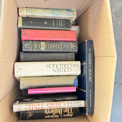 Sale Photo Thumbnail #7: six boxes 2-3 layers stacked with vintage books from one library. Some are library discards, some have discoloration. Check out the pictures to see some of the titles.