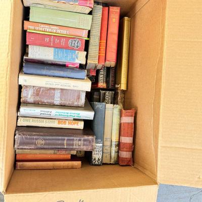 Sale Photo Thumbnail #14: six boxes 2-3 layers stacked with vintage books from one library. Some are library discards, some have discoloration. Check out the pictures to see some of the titles.
